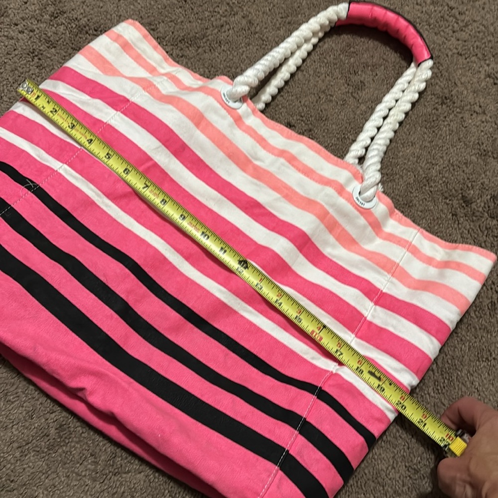 Victoria’s Secret Tote-Striped Pink White Black Peach-Open Top-“Rope” Handles - Picture 14 of 16